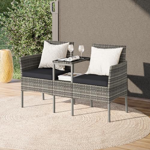 STEELSØN Gartenbank mit Tisch Velara aus Polyrattan, Sitzgruppe für 2 Personen, Balkonmöbel 2er Sofa mit Polster wetterfest, Gartensofa Terrassenmöbel in grau-meliert/anthrazit 83x65x135 cm (HxTxB) von STEELSØN