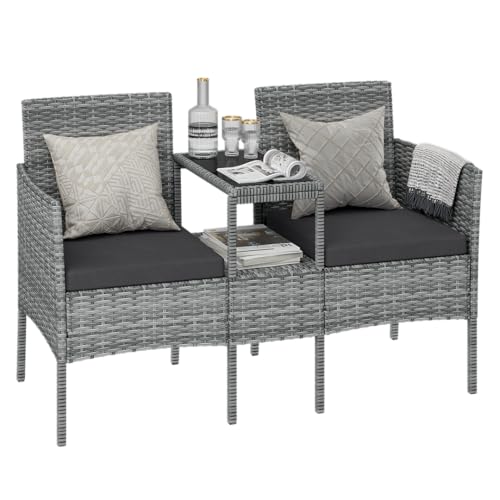 STEELSØN Gartenbank mit Tisch Velara aus Polyrattan, Sitzgruppe für 2 Personen, Balkonmöbel 2er Sofa mit Polster wetterfest, Gartensofa Terrassenmöbel in grau-meliert/anthrazit 81x65x135 cm (HxTxB) von STEELSØN