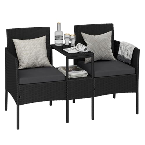 STEELSØN Gartenbank mit Tisch Velara aus Polyrattan, Sitzgruppe für 2 Personen, Balkonmöbel 2er Sofa mit Polster wetterfest, Gartensofa Terrassenmöbel in schwarz/anthrazit 81x65x135 cm (HxTxB) von STEELSØN
