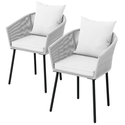 STEELSØN Gartenstuhl Nair 2er Set, Armlehnenstuhl aus Rattan, Balkonstuhl mit Sitzkissen, pulverbeschichtetes Stahlgestell, Hellgrau von STEELSØN