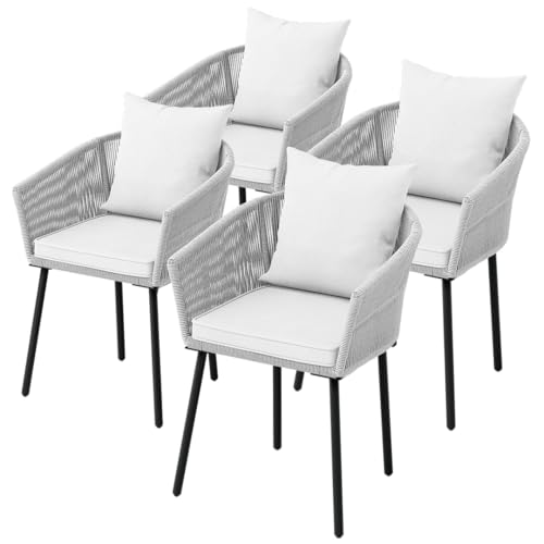 STEELSØN Gartenstuhl Nair 4er Set, Armlehnenstuhl aus Rattan, Balkonstuhl mit Sitzkissen, pulverbeschichtetes Stahlgestell, Hellgrau von STEELSØN
