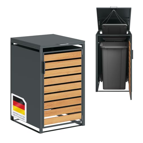 STEELSØN Kestra Mülltonnenbox 1er bis 240L mit Sichtstreifen – hochwertige Mülltonnenverkleidung aus Stahl mit Holzoptik – Müllcontainer für 1 Tonne – Müllbox in Anthrazit – Gerätebox wetterfest von STEELSØN
