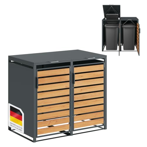 STEELSØN Kestra Mülltonnenbox 2er bis 240L – Mülltonnenverkleidung aus Stahl mit Sichtstreifen in Holzoptik – hochwertige Müllcontainer für 2 Tonnen – Müllbox in Anthrazit – Gerätebox wetterfest von STEELSØN