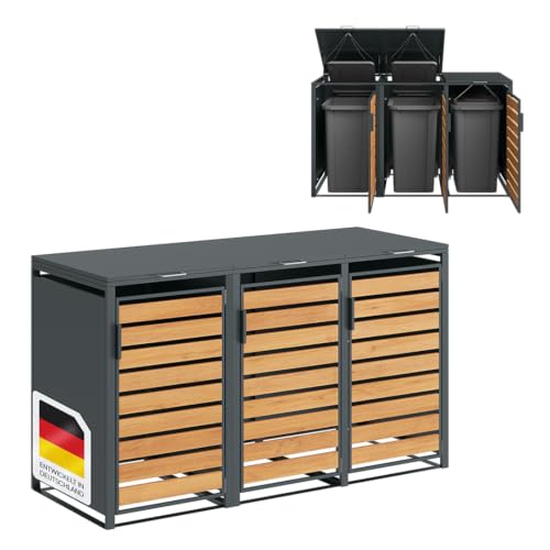STEELSØN Kestra Mülltonnenbox 3er bis 120L – Mülltonnenverkleidung aus Stahl mit Sichtstreifen in Holzoptik – hochwertige Müllcontainer für 3 Tonnen – Müllbox in Anthrazit – Gerätebox wetterfest von STEELSØN