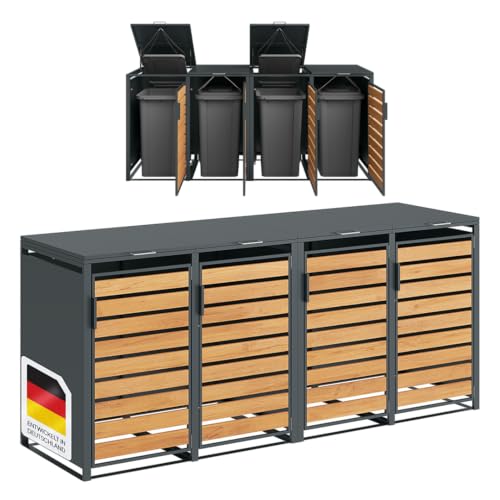 STEELSØN Kestra Mülltonnenbox 4er bis 120L – Mülltonnenverkleidung aus Stahl mit Sichtstreifen in Holzoptik – hochwertige Müllcontainer für 4 Tonnen – Müllbox in Anthrazit – Gerätebox wetterfest von STEELSØN