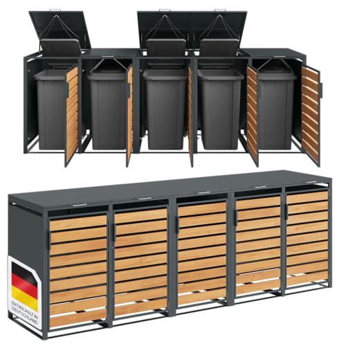 STEELSØN Kestra Mülltonnenbox 5er bis 240L – Mülltonnenverkleidung aus Stahl mit Sichtstreifen in Holzoptik – hochwertige Müllcontainer für 5 Tonnen – Müllbox in Anthrazit – Gerätebox wetterfest von STEELSØN