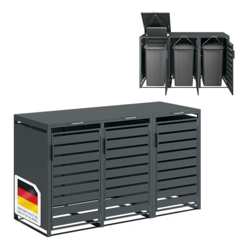 STEELSØN Kestra Mülltonnenbox 3er bis 240L – Mülltonnenverkleidung mit Sichtstreifen aus Stahl – hochwertige Müllcontainer in Anthrazit für 3 Tonnen – Müllbox/Gerätebox wetterfest & UV-beständig von STEELSØN