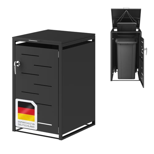 STEELSØN Diorus Mülltonennenbox 1er bis 120L abschließbar – Hochwertige Mülltonnenverkleidung für 1 Tonnen – Müllbox Stahl – Müllcontainer Schwarz - Mülltonnen Box wetterfest – Gerätebox mit Schloss von STEELSØN