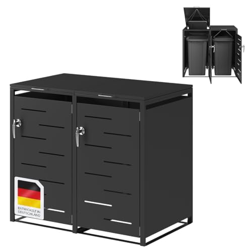STEELSØN Diorus Mülltonennenbox 2er bis 240L abschließbar – Hochwertige Mülltonnenverkleidung für 2 Tonnen – Müllbox Stahl – Müllcontainer Schwarz - Mülltonnen Box wetterfest – Gerätebox mit Schloss von STEELSØN
