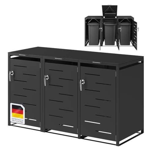 STEELSØN Diorus Mülltonennenbox 3er bis 120L abschließbar – Hochwertige Mülltonnenverkleidung für 3 Tonnen – Müllbox Stahl – Müllcontainer Schwarz - Mülltonnen Box wetterfest – Gerätebox mit Schloss von STEELSØN