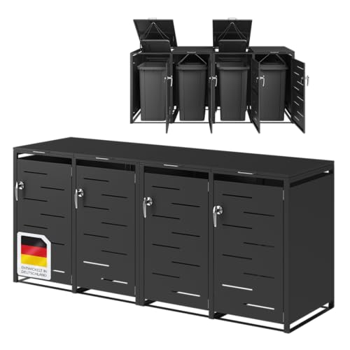 STEELSØN Diorus Mülltonnenbox 4er 120L abschließbar – Hochwertige Mülltonnenverkleidung für 4 Tonnen – Müllbox Stahl – Müllcontainer Schwarz - Mülltonnen Box wetterfest – Gerätebox mit Schloss von STEELSØN