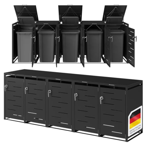 STEELSØN Diorus Mülltonnenbox 5er bis 240L abschließbar – Hochwertige Mülltonnenverkleidung für 5 Tonnen – Müllbox Stahl – Müllcontainer Schwarz - Mülltonnen Box wetterfest – Gerätebox mit Schloss von STEELSØN