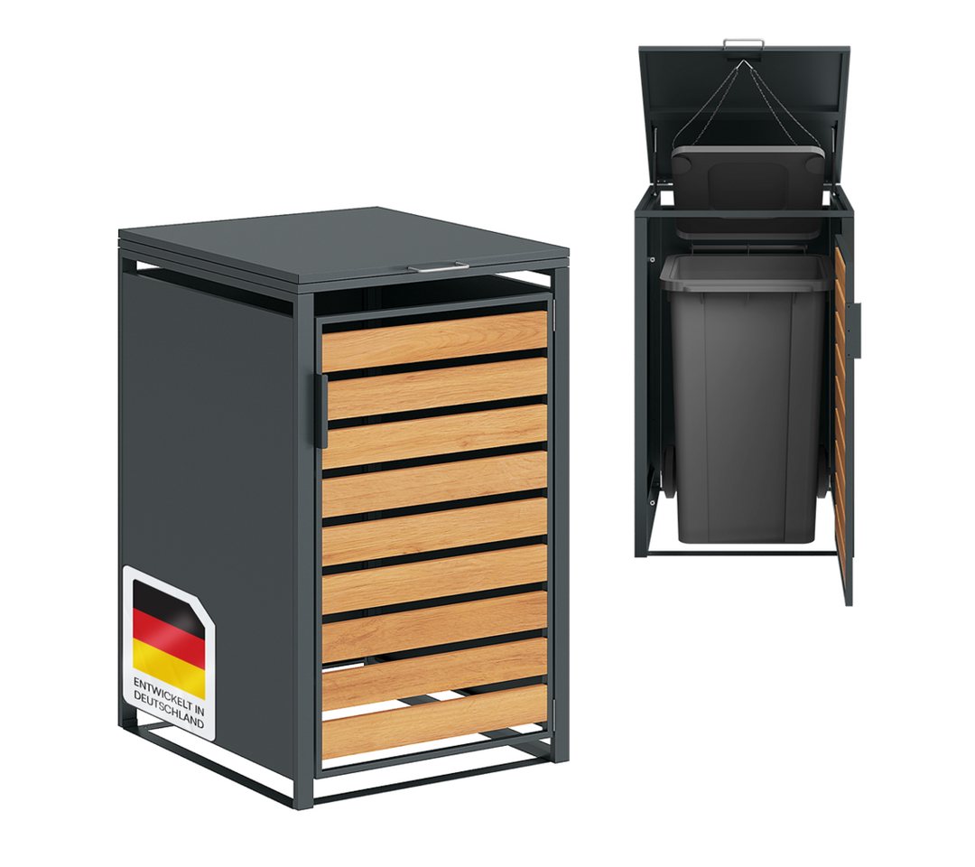 STEELSØN Mülltonnenbox Kestra 120L aus verzinktem Stahl (Anthrazit/Holz, Für 1 Tonne), verfügbar mit 1 oder 2 Türen, mit Sichtstreifen Holzoptik von STEELSØN