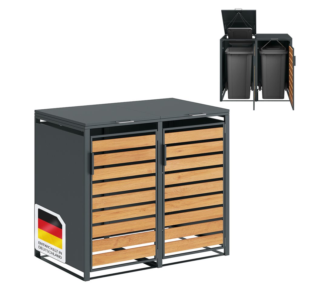 STEELSØN Mülltonnenbox Kestra 120L aus verzinktem Stahl (Anthrazit/Holz, Für 2 Tonnen), verfügbar mit 1 oder 2 Türen, mit Sichtstreifen Holzoptik von STEELSØN