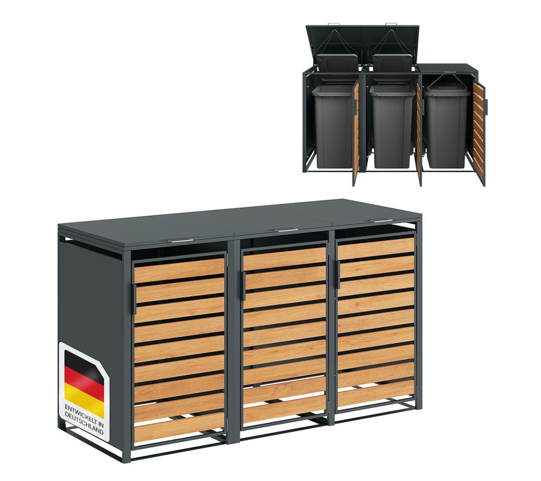 STEELSØN Mülltonnenbox Kestra 120L aus verzinktem Stahl (Anthrazit/Holz, Für 3 Tonnen), verfügbar mit 1, 2, 3, 4 oder 5 Türen, mit Sichtstreifen Holzoptik von STEELSØN