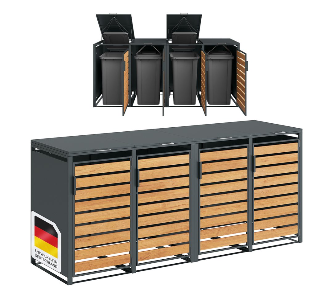 STEELSØN Mülltonnenbox Kestra 120L aus verzinktem Stahl (Anthrazit/Holz, Für 4 Tonnen), verfügbar mit 1, 2, 3, 4 oder 5 Türen, mit Sichtstreifen Holzoptik von STEELSØN