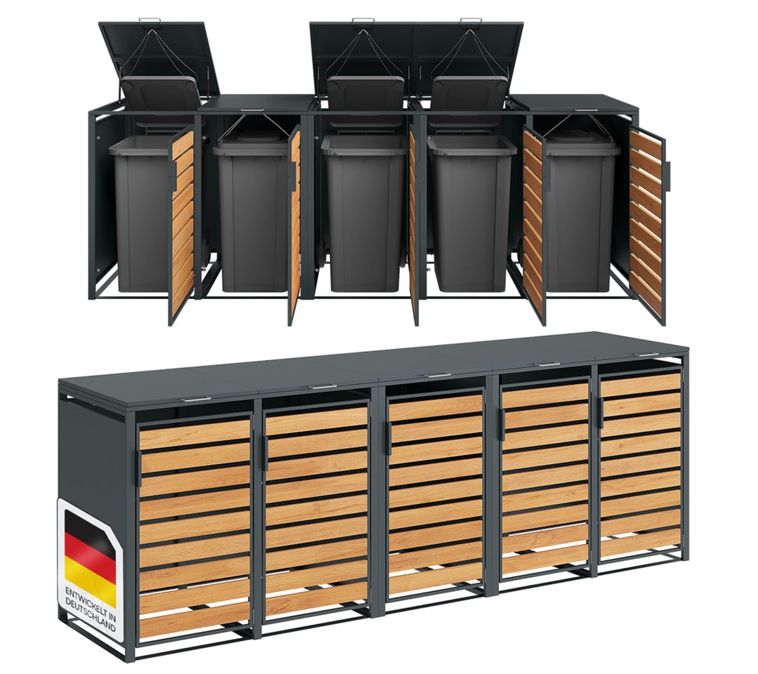 STEELSØN Mülltonnenbox Kestra 120L aus verzinktem Stahl (Anthrazit/Holz, Für 5 Tonnen), verfügbar mit 1, 2, 3, 4 oder 5 Türen, mit Sichtstreifen Holzoptik von STEELSØN