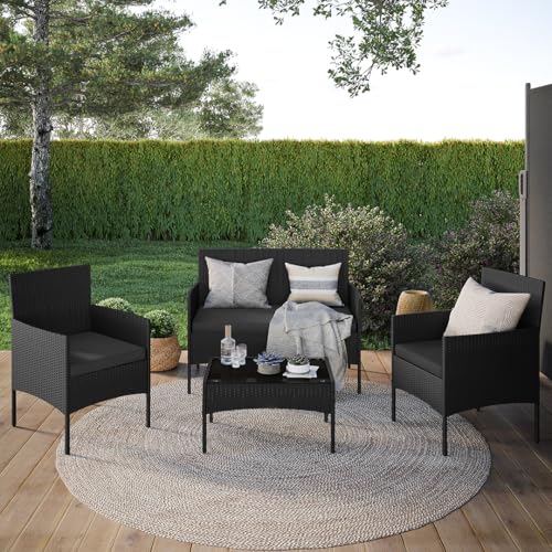 STEELSØN Polyrattan Gartenmöbel Set 4 TLG Thalora, Balkonmöbel Set Ink. 2er Sofa, 2 Stühle, Tisch & Sitzkissen, Terrassenmöbel Lounge, wetterfest schwarz von STEELSØN