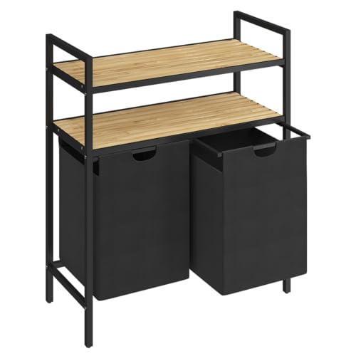 STEELSØN Rigil Wäschekorb 2 Fächer – Wäschesammler mit 2 Bambus Ablagen – Wäschesack ausziehbar – Wäschesortierer schwarz – Wäschebox 2x 45l für Bad/Schlafzimmer – Laundry Baskets mit Metallrahmen von STEELSØN