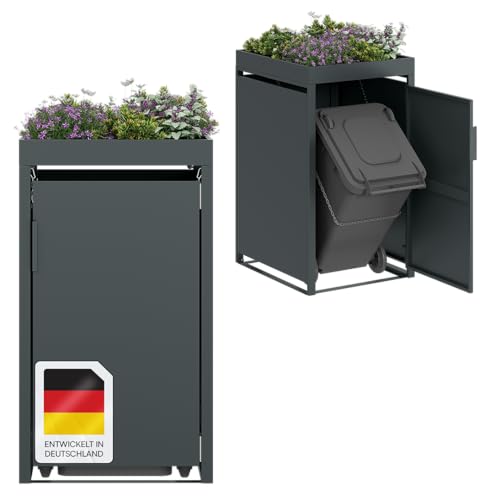 STEELSØN Thoria Mülltonnenbox 1er bis 240L mit Pflanzendach – Mülltonnenverkleidung aus Stahl für 1 Tonne – Müllcontainer in Anthrazit – Müllbox mit Pflanzenkasten – Gerätebox 125x80x68 cm (HxTxB) von STEELSØN