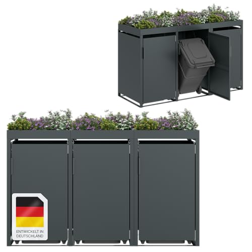STEELSØN Thoria Mülltonnenbox 3er bis 240L mit Pflanzendach – Mülltonnenverkleidung aus Stahl für 3 Tonnen – Müllcontainer in Anthrazit – Müllbox mit Pflanzenkasten – Gerätebox 125x80x203 cm (HxTxB) von STEELSØN
