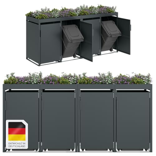STEELSØN Thoria Mülltonnenbox 4er bis 240L mit Pflanzendach – Mülltonnenverkleidung aus Stahl für 4 Tonnen – Müllcontainer in Anthrazit – Müllbox mit Pflanzenkasten – Gerätebox 125x80x264 cm (HxTxB) von STEELSØN