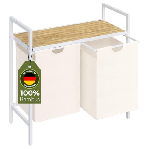 STEELSØN Rigil Wäschekorb 2 Fächer – Wäschesammler mit Bambus Ablage – Wäschesack ausziehbar – Wäschesortierer weiß – Wäschebox 2x 45l für Bad oder Schlafzimmer – Laundry Baskets mit Metallrahmen von STEELSØN