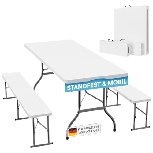 STEELSØN Zennar Bierzeltgarnitur weiß – Gartenmöbel Set 3-TLG. – Klapptisch mit 2X Bank wetterfest – Biertischgarnitur klappbar aus Kunststoff – Festzeltgarnitur für Terrasse und Balkon 8 Personen von STEELSØN