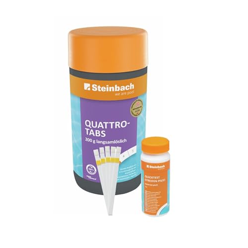 Steinbach Poolpflege Test-Set | Quicktest Streifen für pH-Wert & freies Chlor + Quattrotabs 200 g | Wasseranalyse & Desinfektion in einem Set | schnelllöslich & pH-neutral | für Pools & Whirlpools von STEINBACH