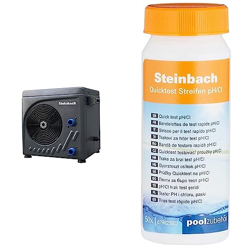Steinbach Wärmepumpe Mini – 049275 – Automatische Wärmepumpe für Pools bis 20.000 l – Mit LED-Display und integriertem Durchflusssensor & Quicktest Streifen für pH-Wert und freies Chlor, 50 Stück von STEINBACH