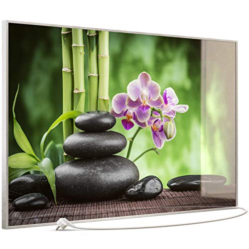 STEINFELD Heizsysteme® Elektroheizung Glas Bild Infrarotheizung mit TS11 WiFi Thermostat | Made in Germany | Motive 055 Zen Basaltsteinen (900 Watt, silber/Alu) von STEINFELD Heizsysteme