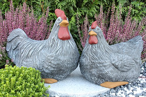 STEINFIGUREN SPICKER Steinfigur Huhn, Henne, Hahn 2er Set 135/1, 180/1 Gartenfigur Steinguss Tierfigur Basaltgrau von STEINFIGUREN SPICKER