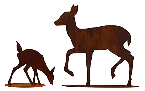 2er Set REH gehend 56cm mit Rehkitz fressend 33cm Hirsche Kitz Geweih Rehe Rost Edelrost Metall Tier + Original Pflegeanleitung von Steinfigurenwelt von STEINFIGURENWELT GIEBEN