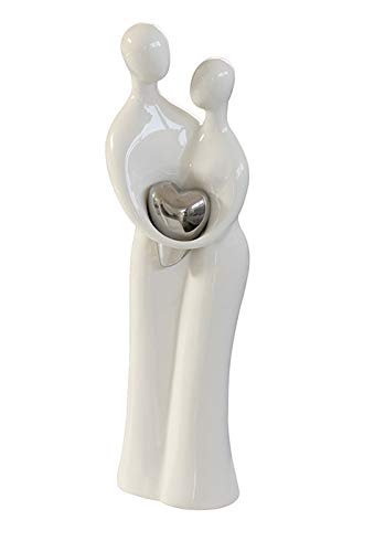 Casablanca Design Skulptur Paar mit Herz weiß Silber 38 cm Keramik Wohnzimmer Skulpturen Deko Modern von STEINFIGURENWELT GIEBEN