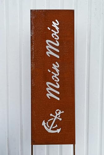 Edelrost Schild Moin Moin 115 cm x 27 cm zum Stecken Gartenschild Sichtschutz Paravent Gartenstecker Edelrost Gartendeko Wetterfest Rost Metall Zaun Stele (Stele Moin Moin 115x27cm) von STEINFIGURENWELT GIEBEN