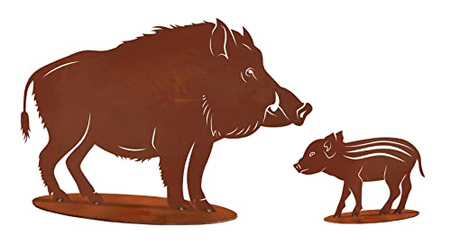 Gartenfigur 2er Set Wildschwein 53x85cm und Frischling 23x36cm auf Platte Edelrost Gartendeko Wetterfest Rost Metall Rostfigur von Steinfigurenwelt (2er Set Wildschwein + Frischling) von STEINFIGURENWELT GIEBEN