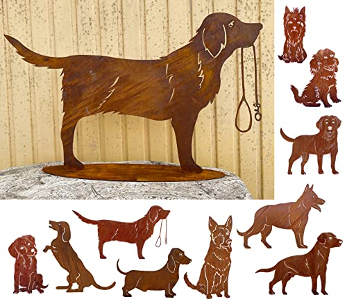 Gartenfigur Hund mit Leine 88x52cm auf Platte Edelrost Gartendeko Wetterfest Rost Metall Rostfigur Tier Golden Retriever von Steinfigurenwelt von STEINFIGURENWELT GIEBEN