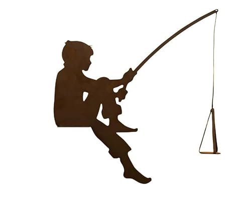 Gartenfigur Kleiner Angler Toni sitzend für Kante 38cm zum Anschrauben Kantensitzer Edelrost Gartendeko Wetterfest Rost Metall Rostfigur Teich Deko Maritim Metallfigur von STEINFIGURENWELT GIEBEN