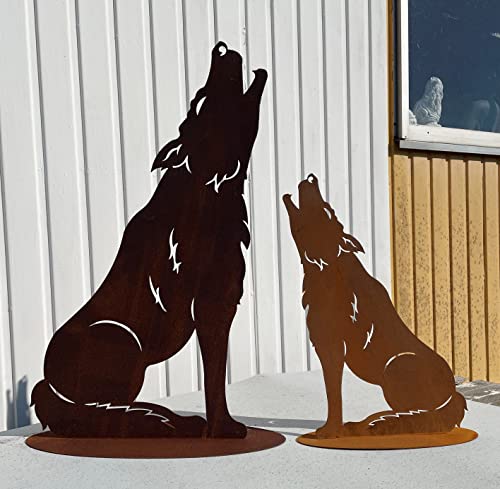 Gartenfigur Wolf heulend groß 75x48cm auf Platte Edelrost Gartendeko Wetterfest Rost Metall Rostfigur Hund Fuchs Jagd Tier von Steinfigurenwelt von STEINFIGURENWELT GIEBEN