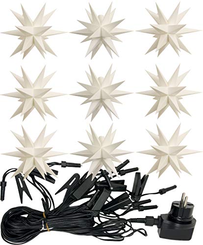 STEINFIGURENWELT GIEBEN 3D LED 9 Sterne 12cm Sternenkette Lichterkette mit Sternen Weihnachtsstern Außenstern wetterfest für außen und innen 13m Kabel von Dekowelt (Weiß) von STEINFIGURENWELT GIEBEN