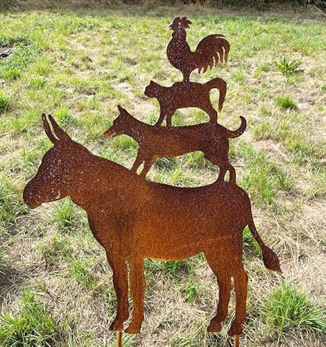 Bremer Stadtmusikanten 60x50cm zum Stecken Gartenstecker Edelrost Gartendeko Wetterfest Rost Gartenfigur Metall Rostfigur Hahn Katze Hund Esel Tier von STEINFIGURENWELT GIEBEN