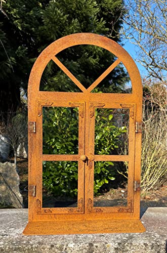 STEINFIGURENWELT GIEBEN Deko Rundbogen Fenster 60 cm hoch zum Öffnen auf Platte Sprossen Rost Edelrost Gartendeko Wetterfest Fensterrahmen Metallfenster von STEINFIGURENWELT GIEBEN
