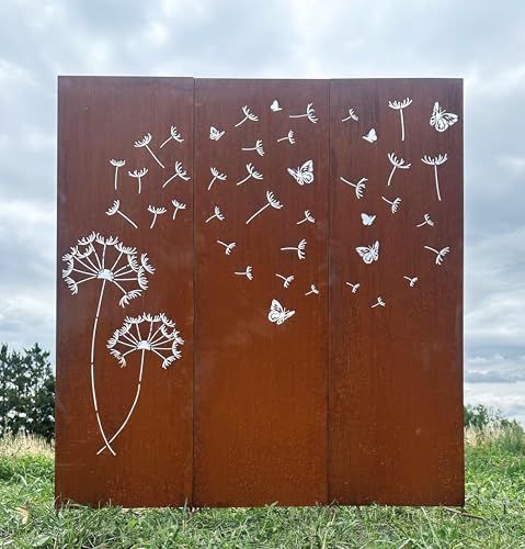 STEINFIGURENWELT GIEBEN Edelrost 3er Sichtschutz Motiv Pusteblume mit Samen und Schmetterling 165 cm x 150 cm Paravent zum Stecken Schild Gartenstecker Edelrost Gartendeko Wetterfest Rost Metall Zaun von STEINFIGURENWELT GIEBEN