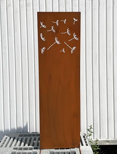 Steinfigurenwelt Gießen Edelrost Sichtschutz Motiv Pusteblumen-Samen 165 cm x 50 cm Paravent zum Stecken Schild Gartenschild Gartenstecker Edelrost Gartendeko Wetterfest Rost Metall Zaun von STEINFIGURENWELT GIEBEN