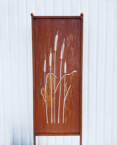STEINFIGURENWELT GIEBEN Edelrost Sichtschutz Schilf Motiv 162 cm x 53 cm Paravent zum Stecken Gartenstecker Edelrost Gartendeko Wetterfest Rost Metall Zaun Schilfrohr Rohrkolben von STEINFIGURENWELT GIEBEN