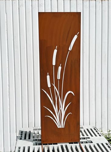 Steinfigurenwelt Gießen Edelrost Sichtschutz Schilf Motiv 165 cm x 50 cm Paravent zum Stecken Schild Gartenschild Gartenstecker Edelrost Gartendeko Wetterfest Rost Metall Zaun Rohrkolben von STEINFIGURENWELT GIEBEN