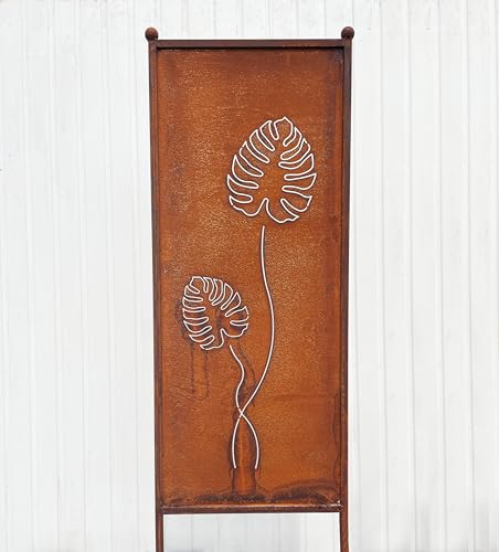 STEINFIGURENWELT GIEBEN Edelrost Sichtschutz mit 2 Monstera Blätter Motiv 162 cm x 53 cm Paravent zum Stecken Schild Gartenschild Gartenstecker Edelrost Gartendeko Wetterfest Rost Metall Zaun von STEINFIGURENWELT GIEBEN