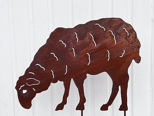Gartenfigur Schaf grasend 37x52cm Gartenstecker Edelrost Gartendeko Wetterfest Rost Metall Rostfigur Schafbock Lamm Figur Tier von STEINFIGURENWELT GIEBEN