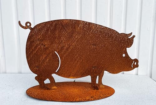 Gartenfigur Schwein 60x36cm auf Platte Edelrost Gartendeko Wetterfest Rost Metall Rostfigur Tier Hausschwein Ferkel von STEINFIGURENWELT GIEBEN