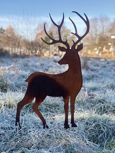Hirsch zurück schauend 85x52cm zum Stecken Gartenstecker Edelrost Gartendeko Wetterfest Rost Gartenfigur Metall Rostfigur Tier Waldtier von STEINFIGURENWELT GIEBEN